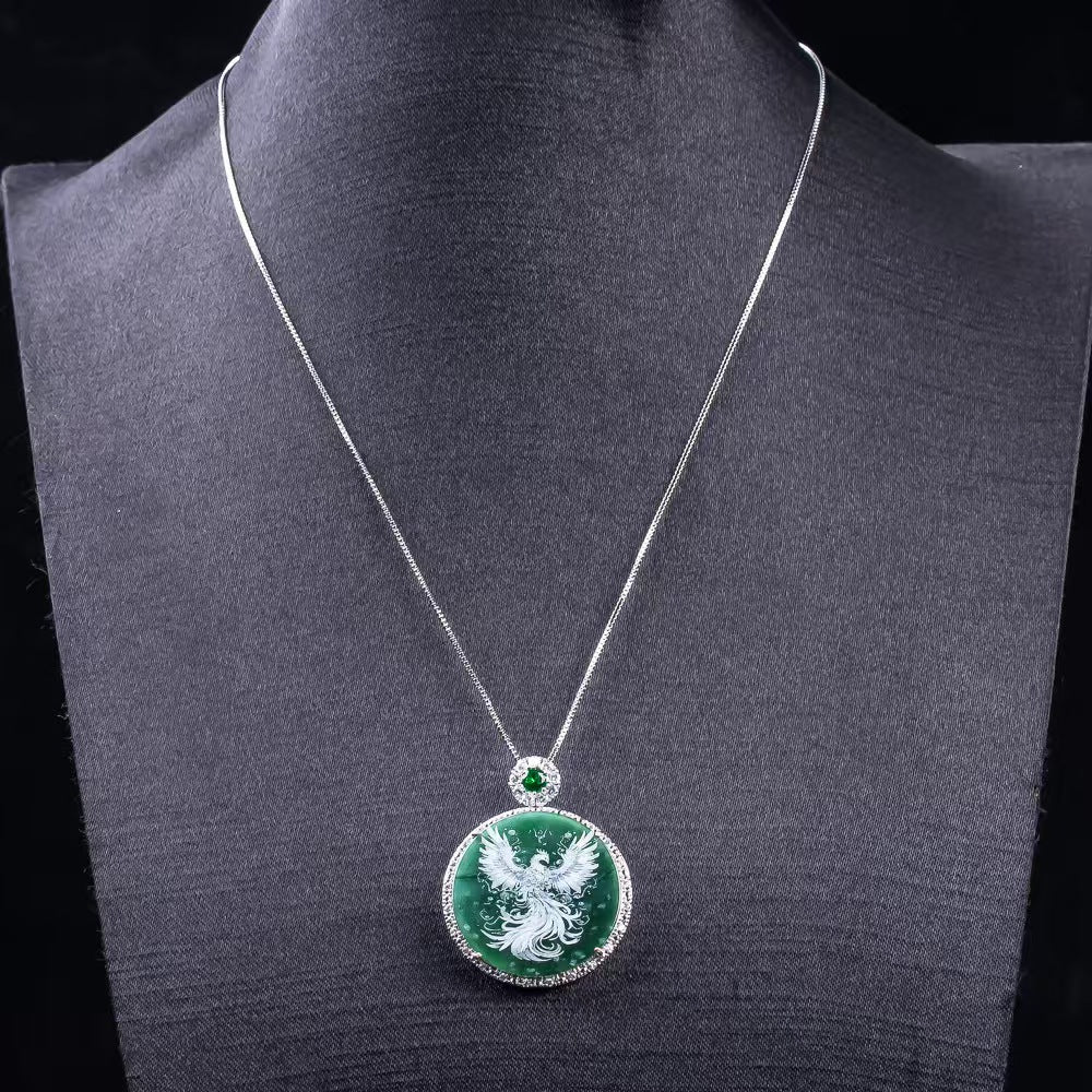 Primordial Chaos Yuan Phoenix Pendant | Natural Jadeite Inlaid Silver Phoenix Protection Charm