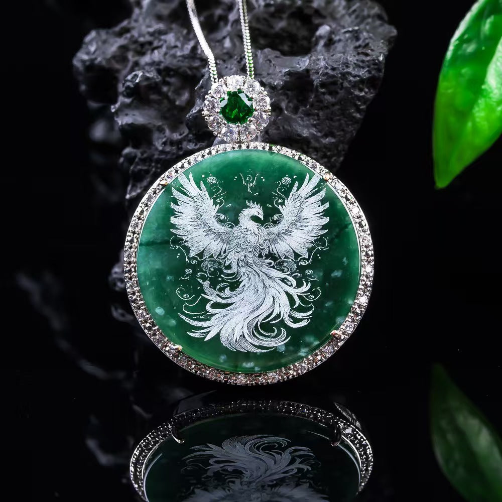 Primordial Chaos Yuan Phoenix Pendant | Natural Jadeite Inlaid Silver Phoenix Protection Charm