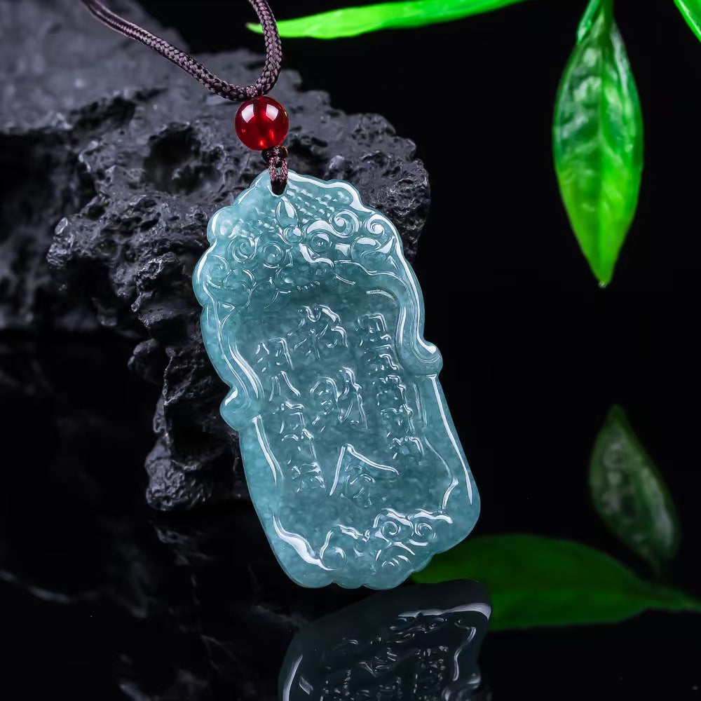Primordial Chaos Wealth Summon Jade Pendant | Hand-Carved Natural Icy Blue Jade Fortune Protection Charm
