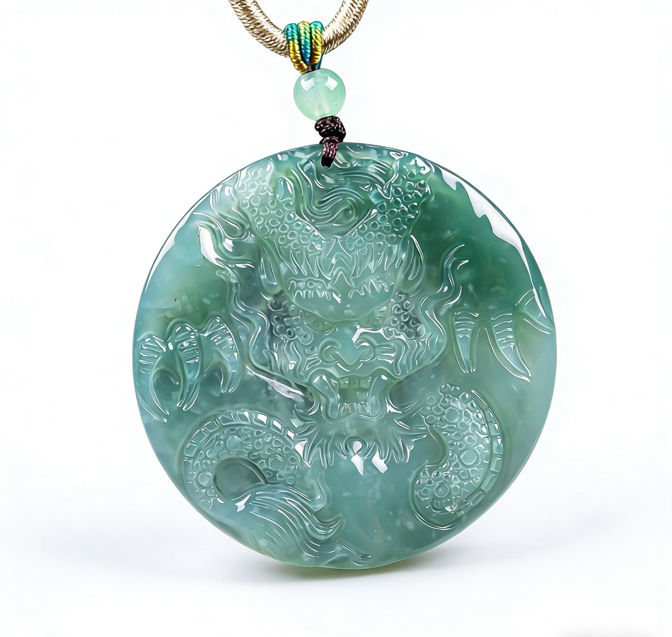 Primordial Chaos Ancestral Dragon Pendant | Icy Blue Green Jade Hand-Carved Dragon Protection Charm