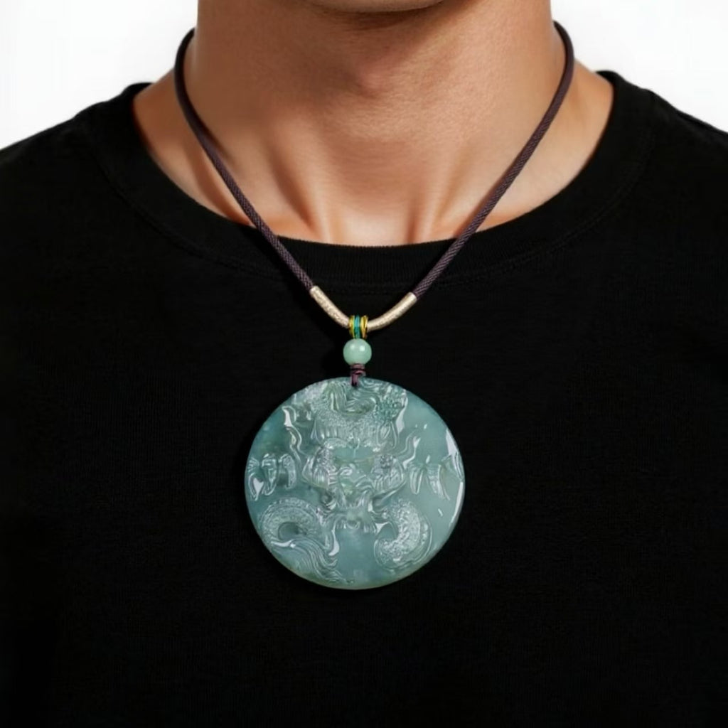 Primordial Chaos Ancestral Dragon Pendant | Icy Blue Green Jade Hand-Carved Dragon Protection Charm