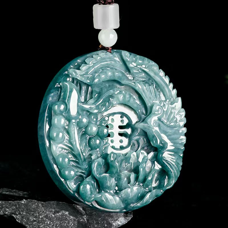 Primordial Chaos Ancestral Phoenix Pendant | Hand-Carved Natural Icy Blue Jade Phoenix & Peony Protection Charm
