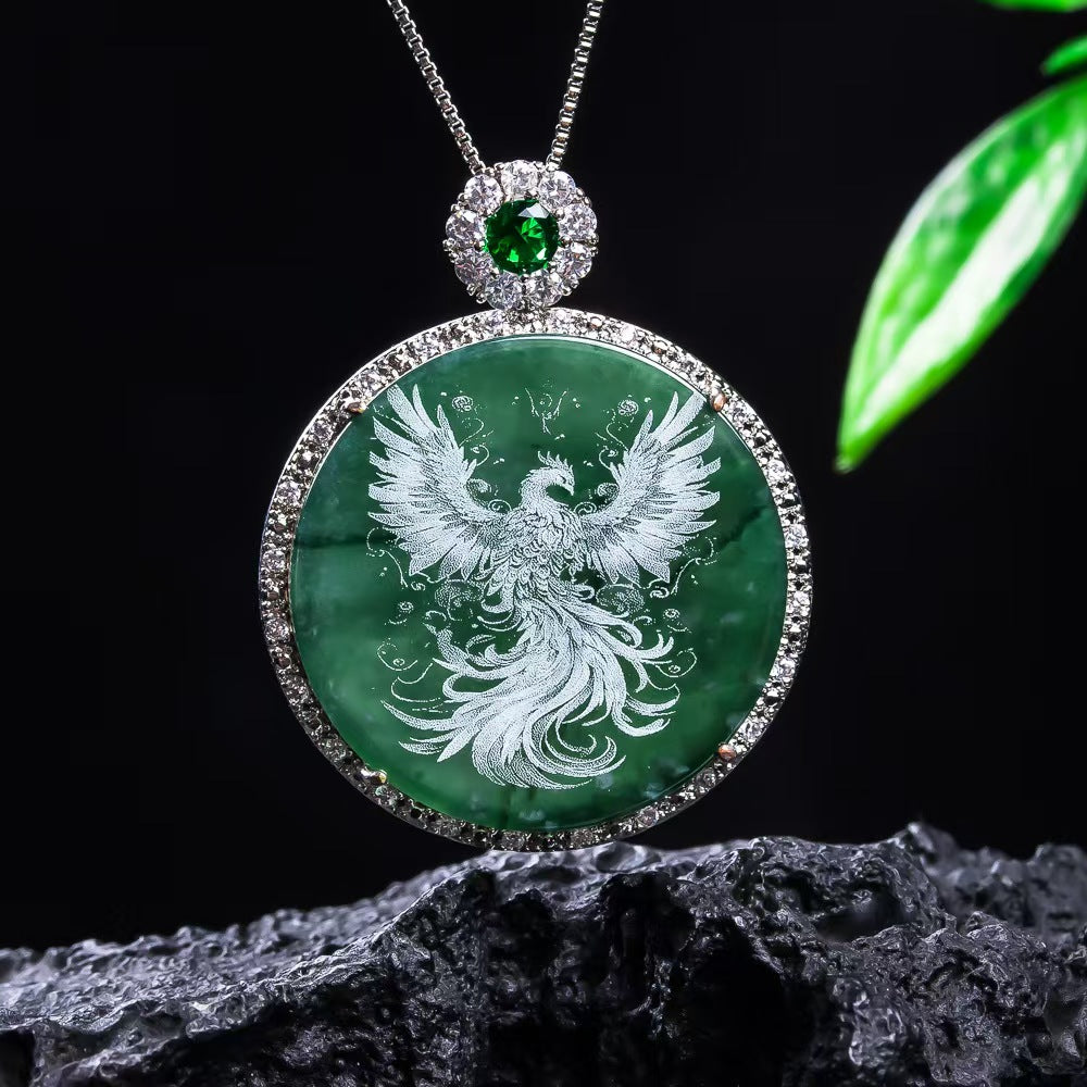 Primordial Chaos Yuan Phoenix Pendant | Natural Jadeite Inlaid Silver Phoenix Protection Charm