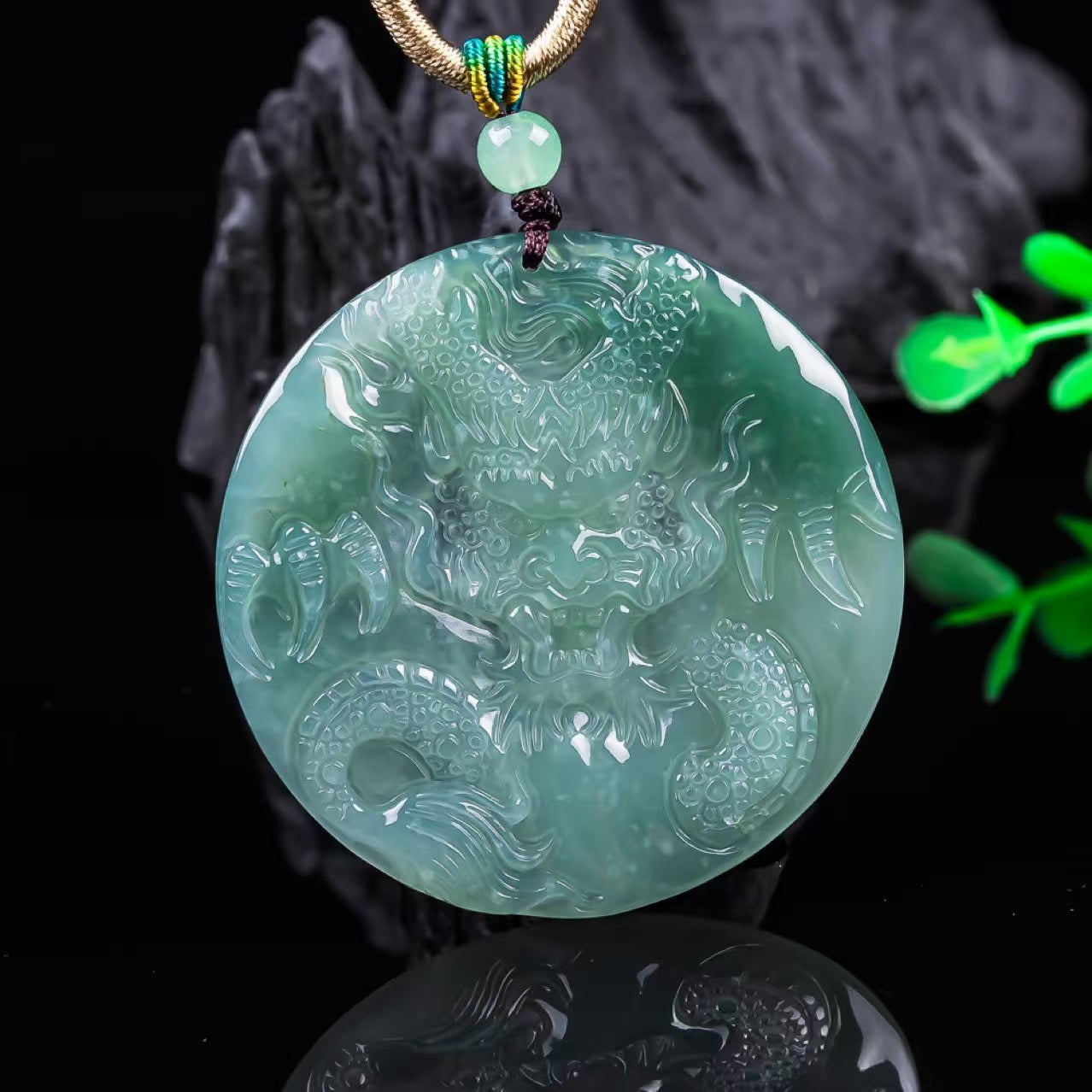 Primordial Chaos Ancestral Dragon Pendant | Icy Blue Green Jade Hand-Carved Dragon Protection Charm