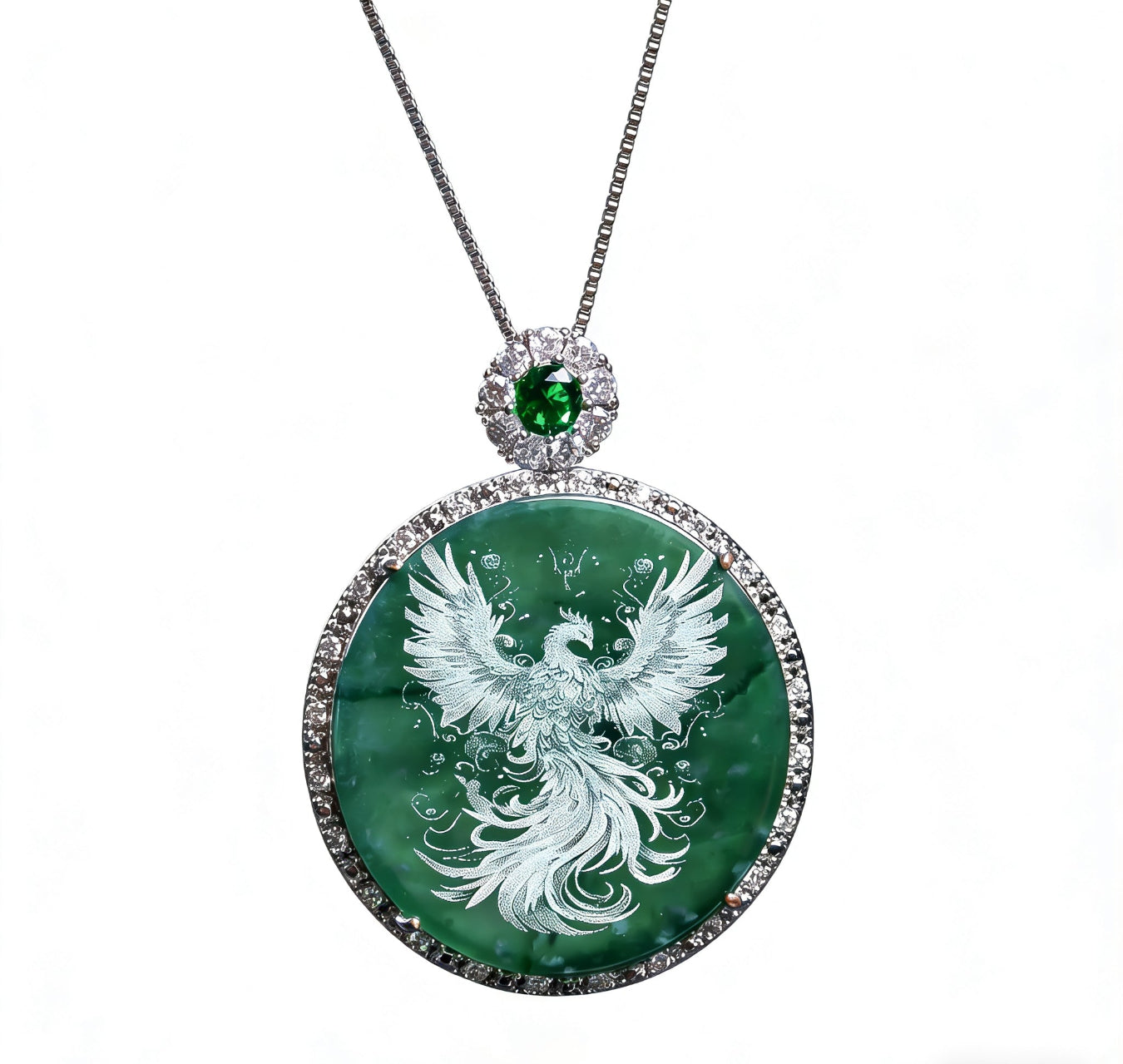 Primordial Chaos Yuan Phoenix Pendant | Natural Jadeite Inlaid Silver Phoenix Protection Charm