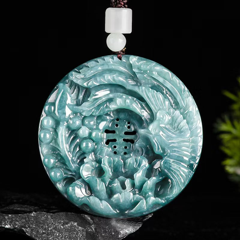 Primordial Chaos Ancestral Phoenix Pendant | Hand-Carved Natural Icy Blue Jade Phoenix & Peony Protection Charm